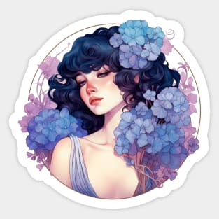 A Bouquet of Hydrangea- Beautiful Woman, Mucha, Art Nouveau Sticker